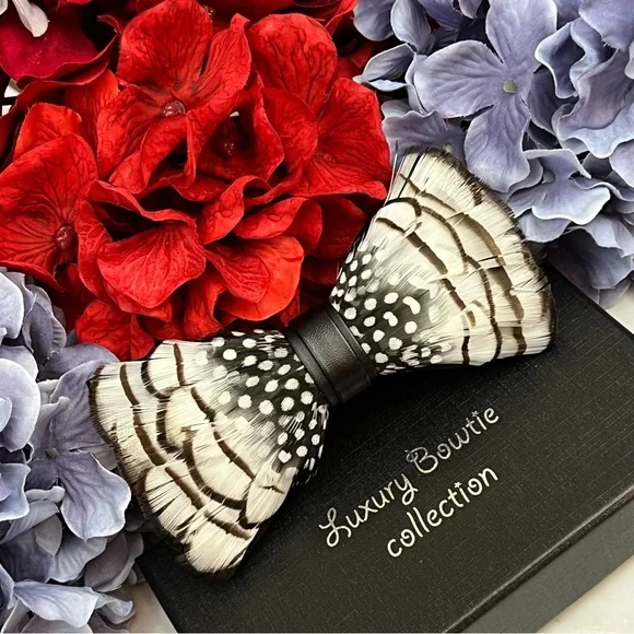Handmade Black and White Feather Bow Tie Boutonnière Lapel Pin Set - Picture 5 of 16